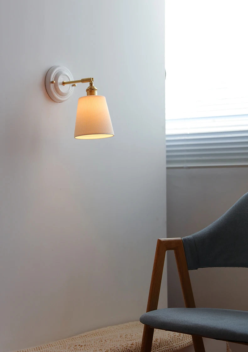 IWHD White Ceramic Nordic Wall Lamp – LED, Bedroom & Bathroom, Copper Accent, 4W–100W