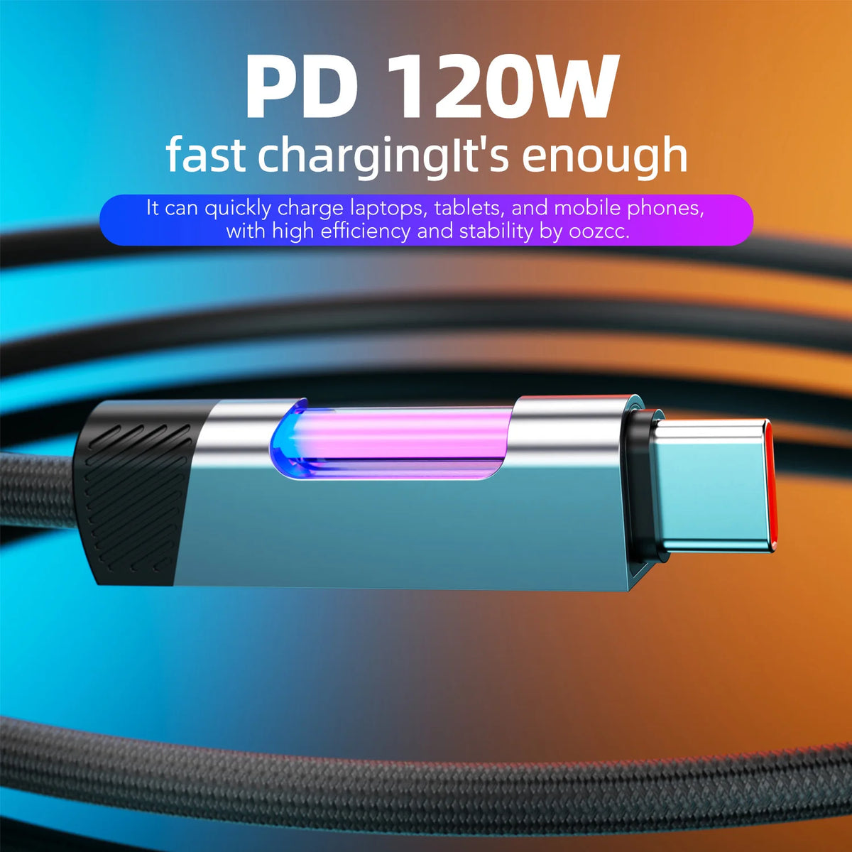 RGB Fast Charging USB-C Cable – 120W 6A, Ambient Light, 1m & 2m