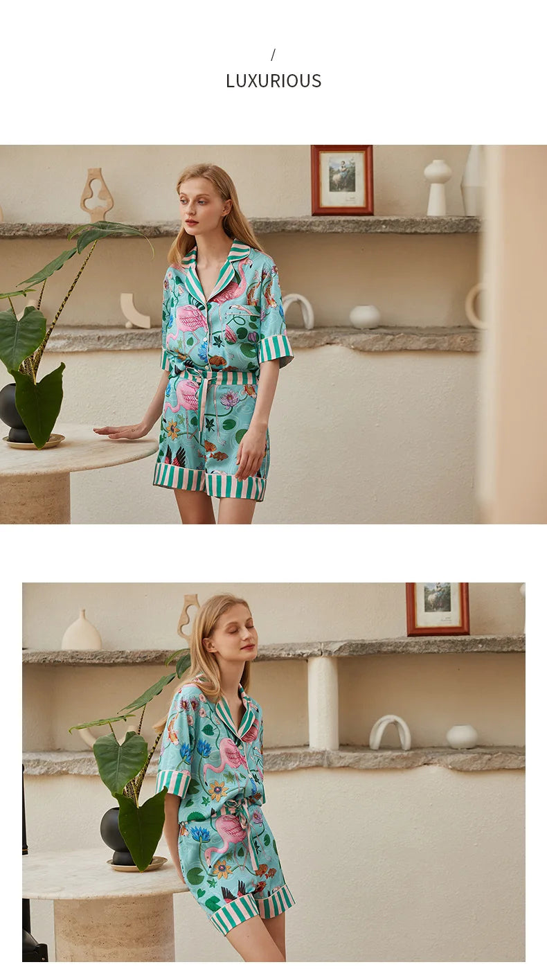Women’s Ice Silk Short Sleeve Pajama Set – Casual Sleepwear, Sizes M–2XL