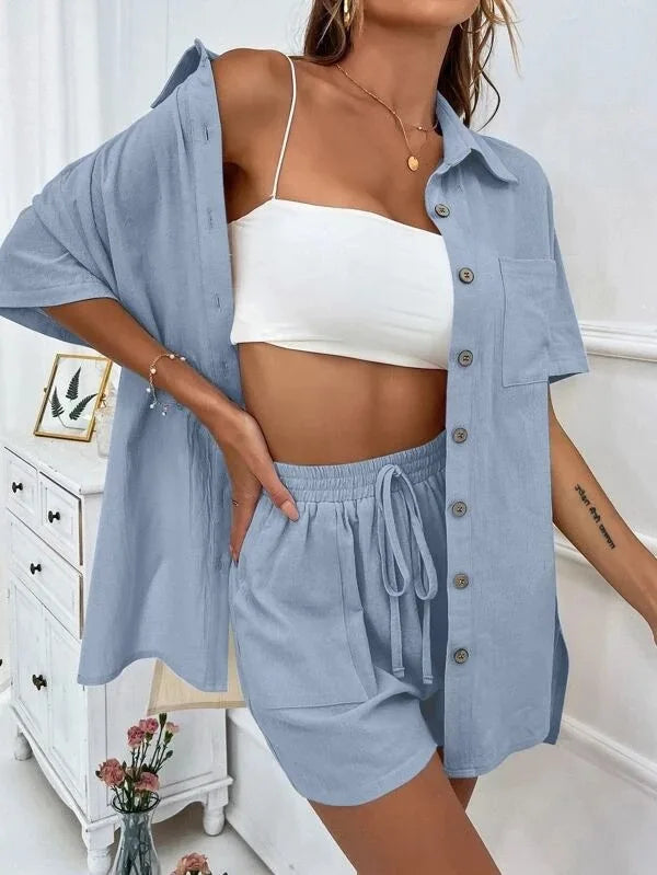 Women’s Cotton Button Shirt & Shorts Pajama Set – Casual 2-Piece, 6 Colors, Sizes S–XL