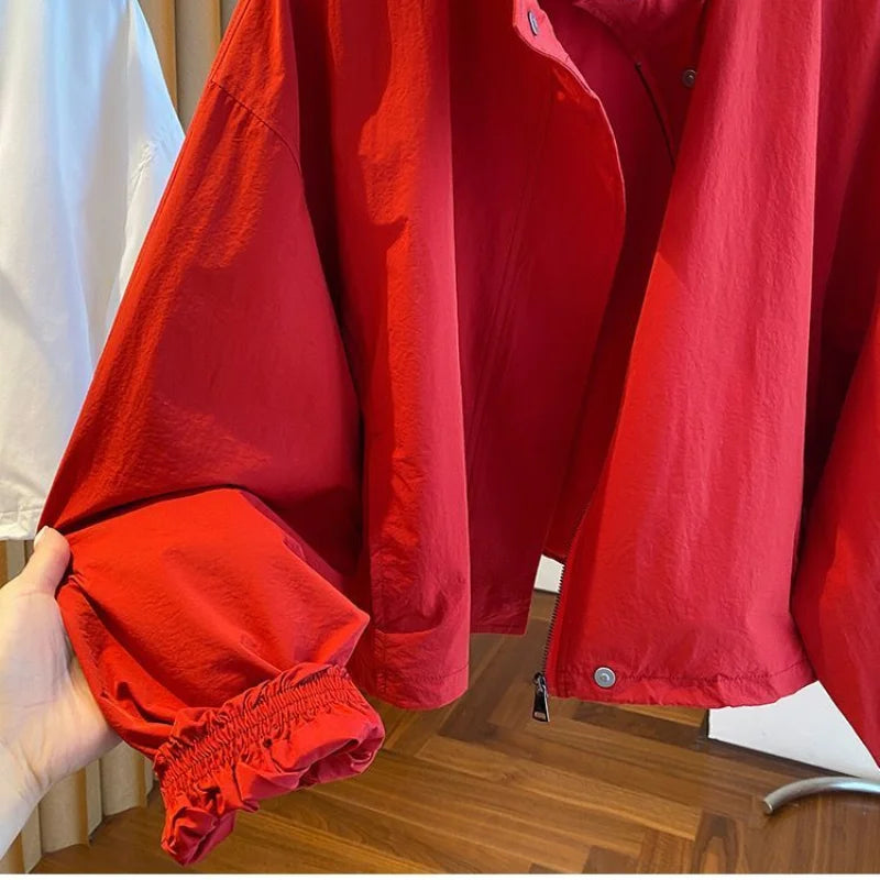 Women’s Red Stand Collar Zip-Up Jacket – Casual Loose Fit, Drawstring Cuffs, Autumn & Spring