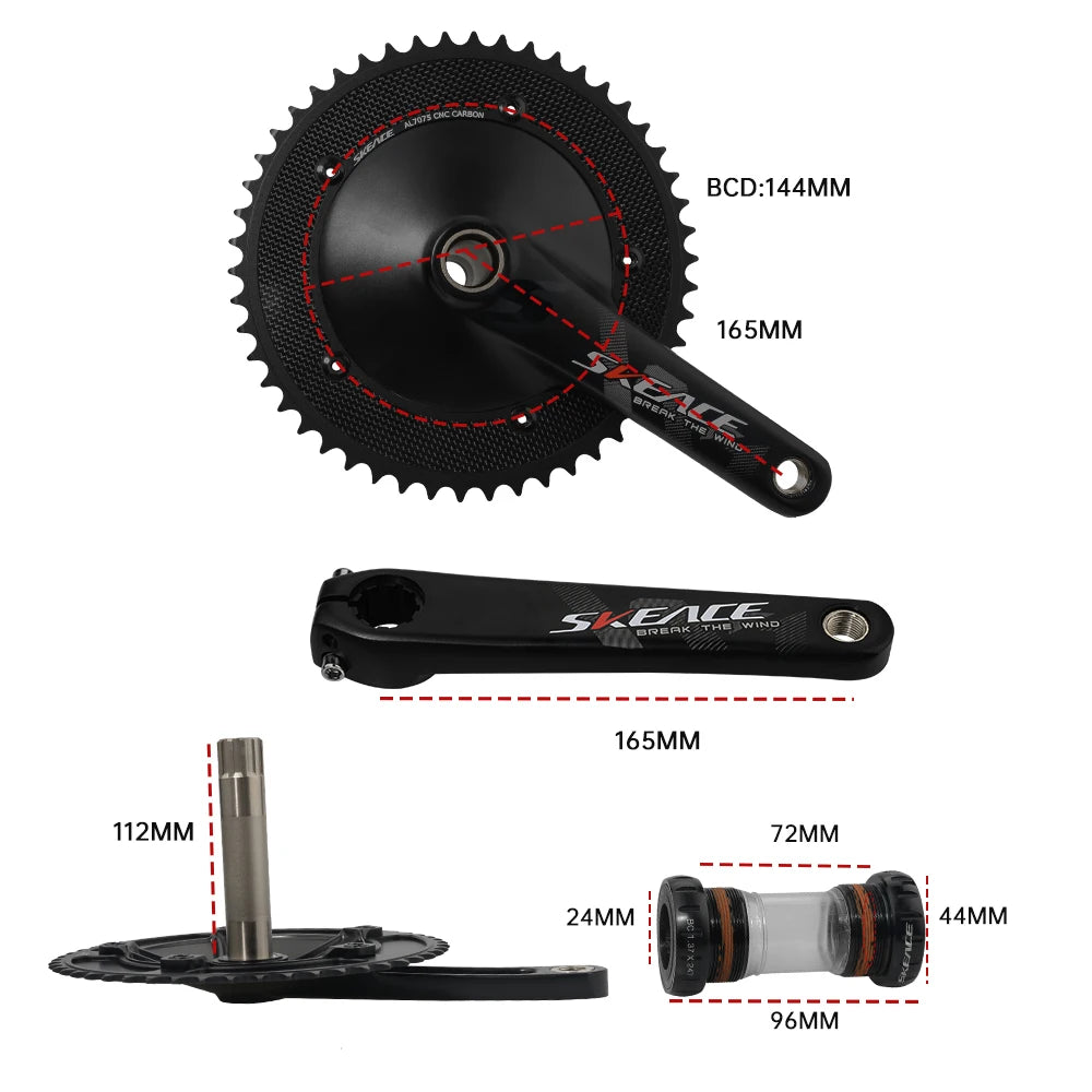 SKEACE Hollowtech Fixed Gear Bike Crankset – 49T/50T Carbon Chainwheel, 165mm Aluminum Alloy