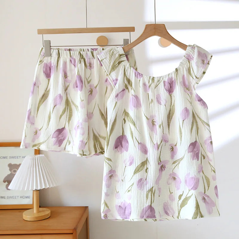 Women’s 100% Cotton Crepe Vest & Shorts Pajama Set – Loose Fit, Sizes M–XL