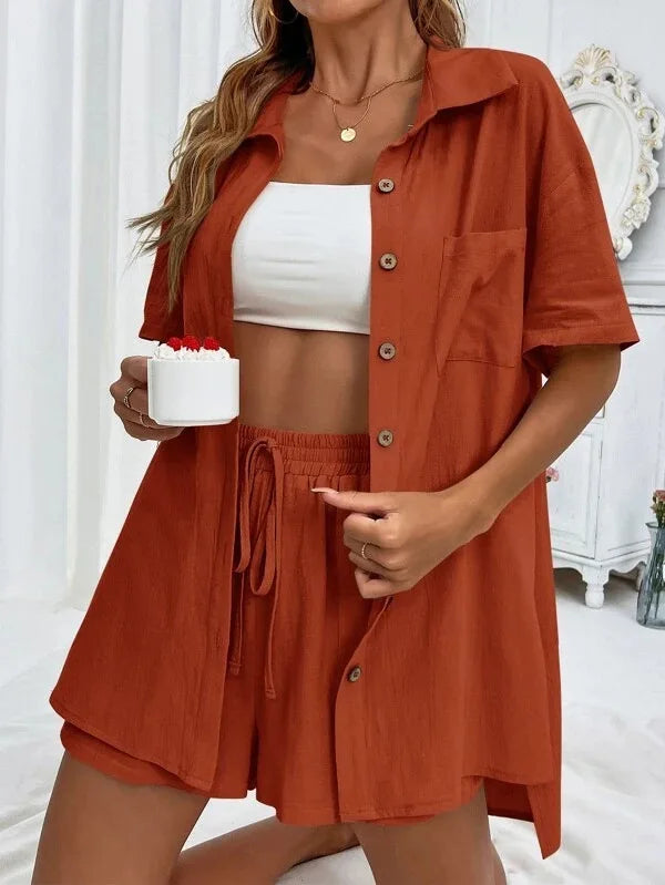 Women’s Cotton Button Shirt & Shorts Pajama Set – Casual 2-Piece, 6 Colors, Sizes S–XL