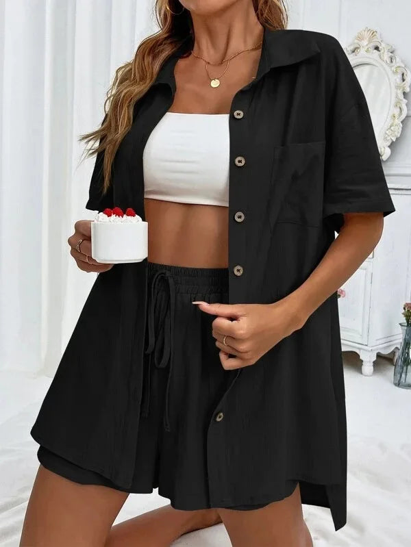Women’s Cotton Button Shirt & Shorts Pajama Set – Casual 2-Piece, 6 Colors, Sizes S–XL