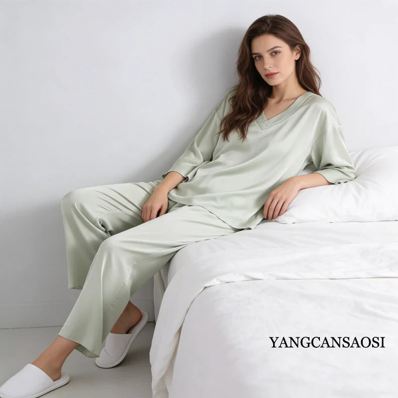 100% Mulberry Silk Satin Pajama Set – V-Neck, Three-Quarter Sleeve, 7 Colors, Sizes L–1XL
