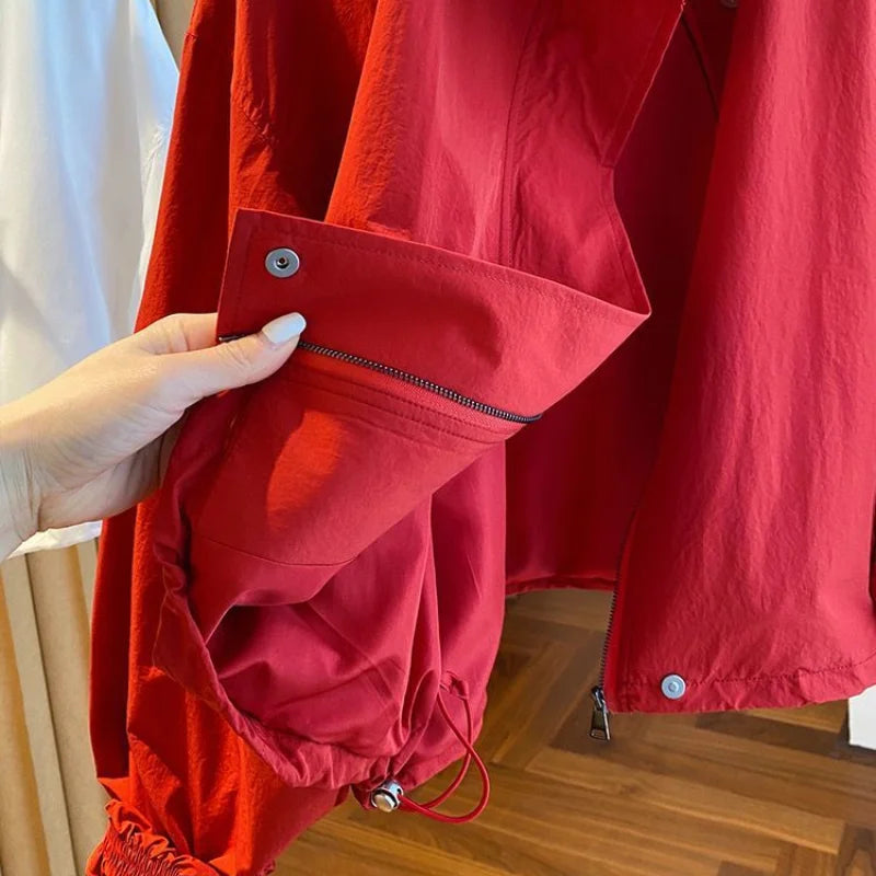 Women’s Red Stand Collar Zip-Up Jacket – Casual Loose Fit, Drawstring Cuffs, Autumn & Spring
