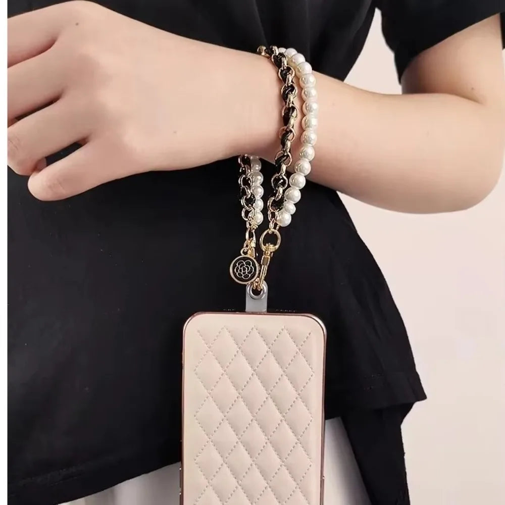 Leather Pearl Camellia Phone Charm Bracelet – Anti-Loss Wrist Strap, 26cm – White, Pink, Black