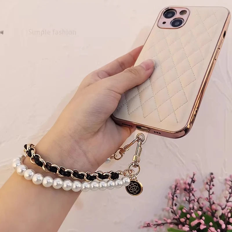 Leather Pearl Camellia Phone Lanyard – Anti-Loss Wrist Strap – White, Pink, Black