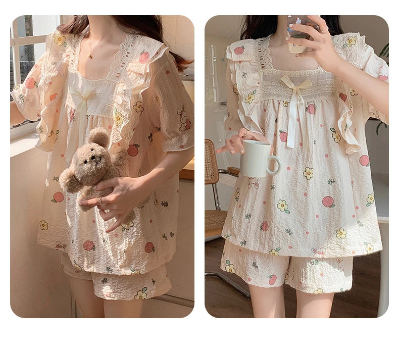 Women’s Kawaii Floral Print Short Sleeve Pajama Set – 2-Piece, Sizes M–XXL