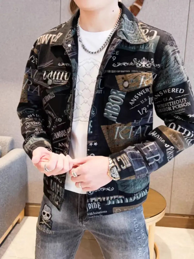 Men’s Slim-Fit Print Jacket – Trendy Outerwear, Sizes M–XXXL, Black