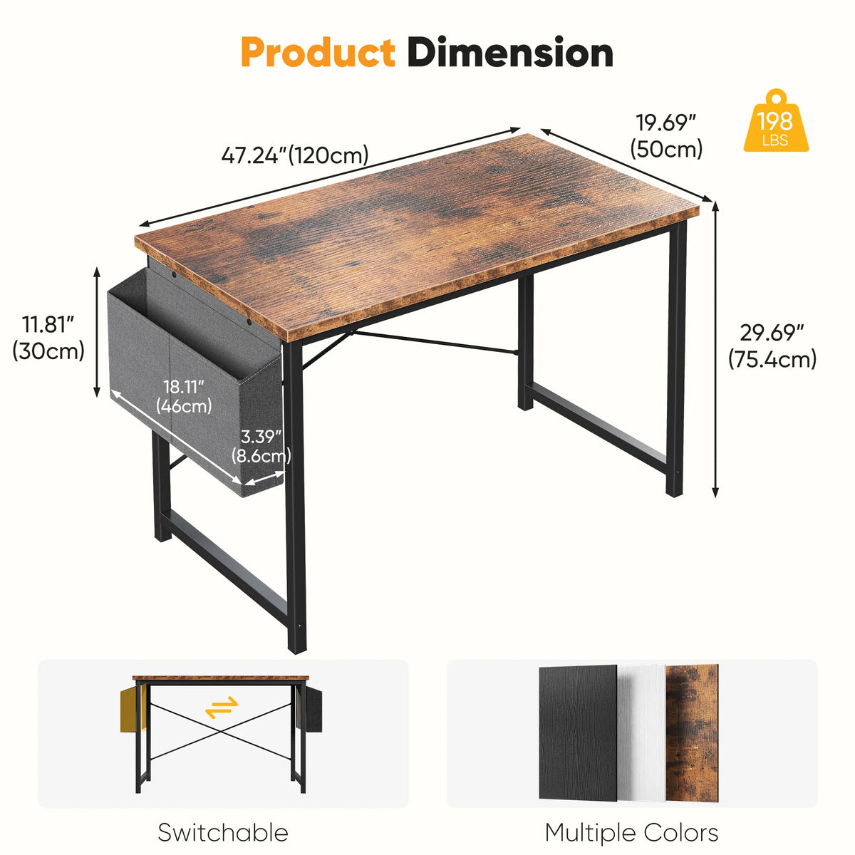 Computer Gaming Desk with Storage Bag – Metal Frame, Wood Tabletop, 31–55 Inch – Black, Rust, White