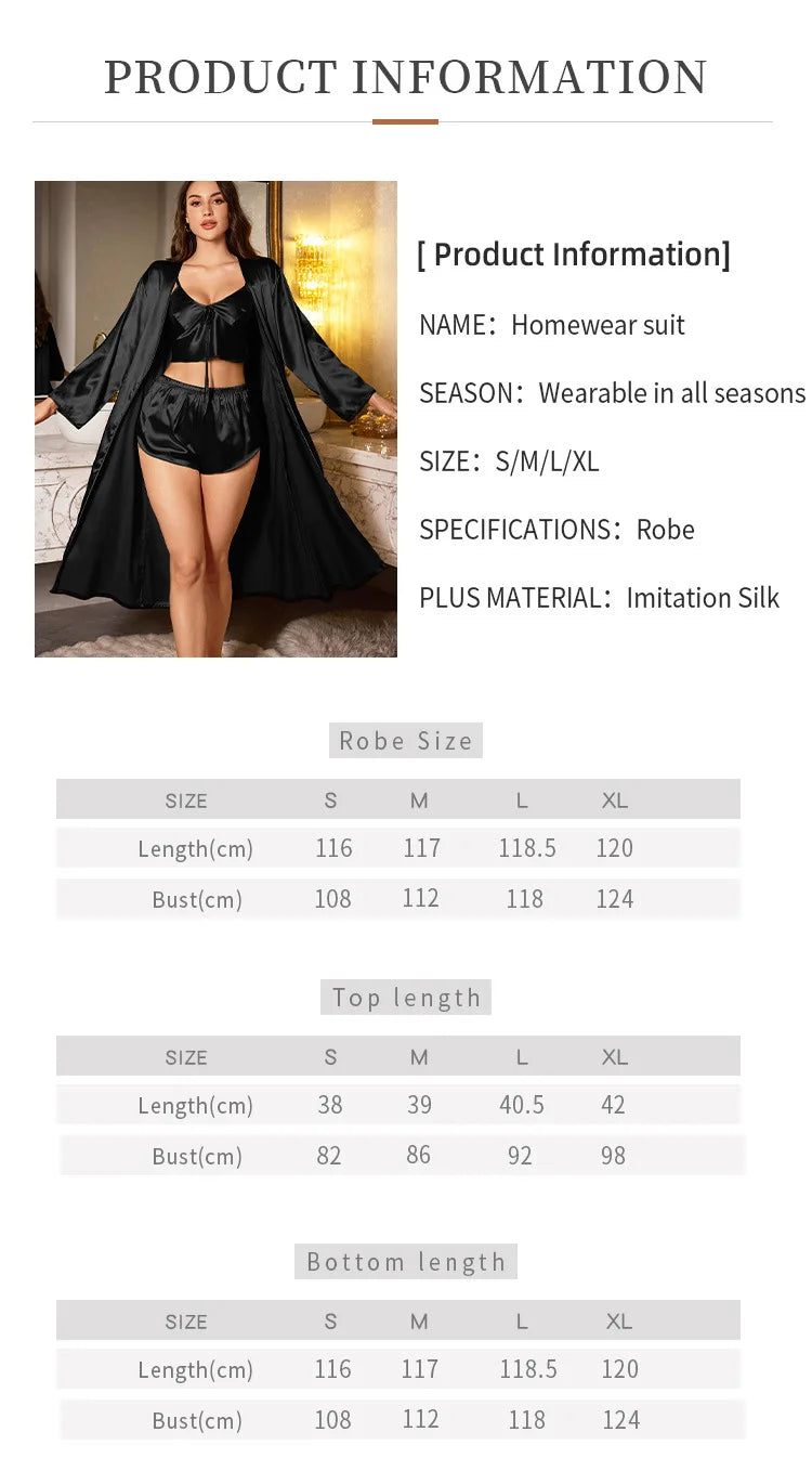 Women’s 3-Piece Satin Robe & Nightgown Set – Sling Dress & Short Robe, Sizes S–XL
