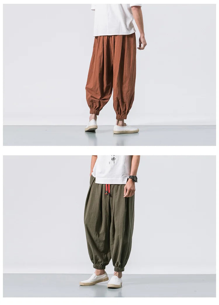 Men’s Oversized Cotton Linen Harem Jogger Pants – Chinese Style, Casual Trousers