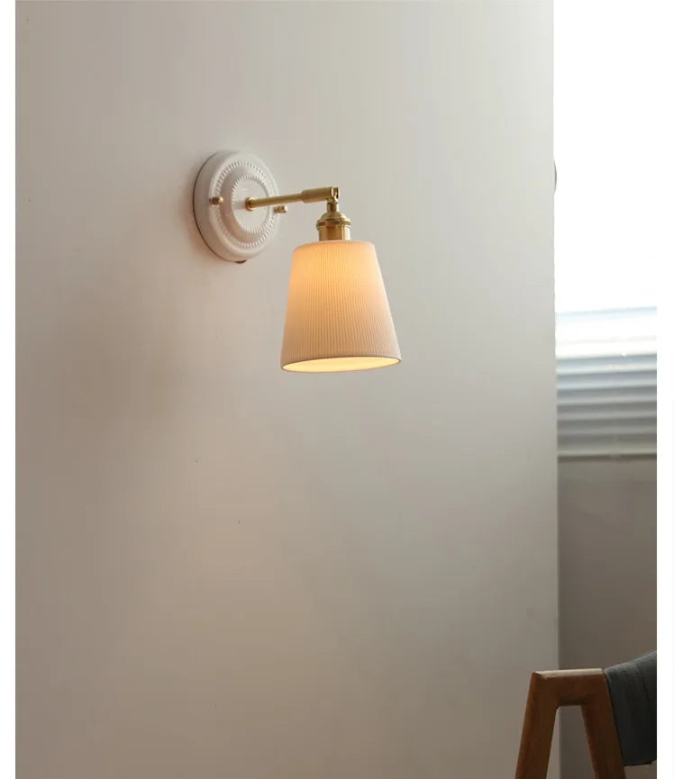 IWHD White Ceramic Nordic Wall Lamp – LED, Bedroom & Bathroom, Copper Accent, 4W–100W