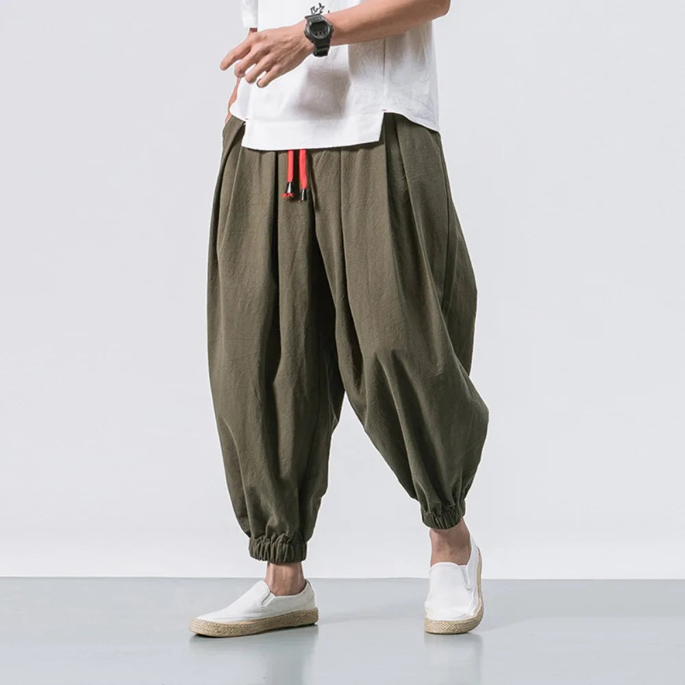 Men’s Oversized Cotton Linen Harem Jogger Pants – Chinese Style, Casual Trousers