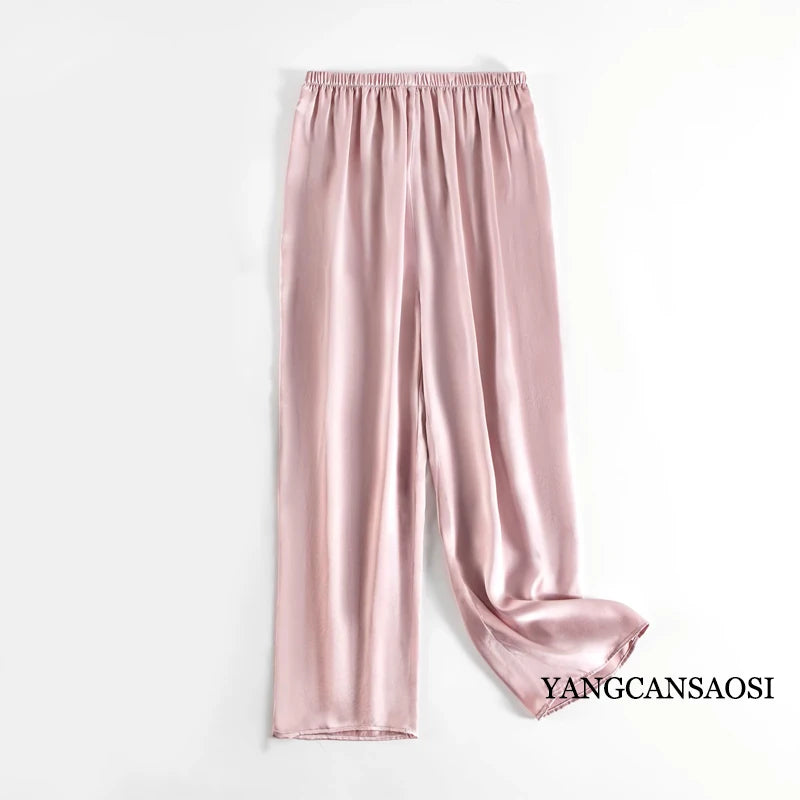 100% Mulberry Silk Satin Pajama Set – V-Neck, Three-Quarter Sleeve, 7 Colors, Sizes L–1XL