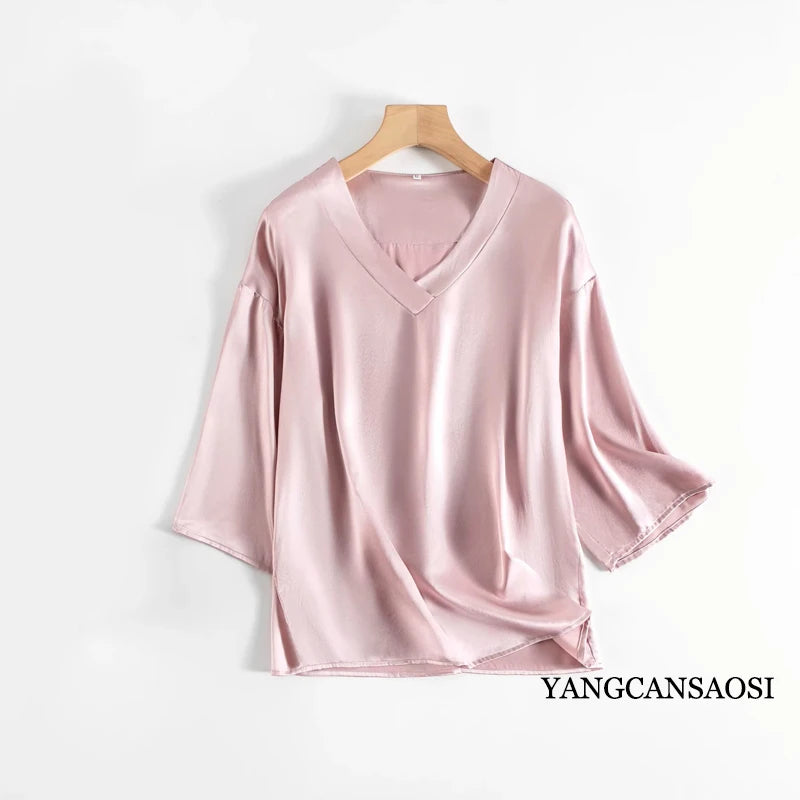100% Mulberry Silk Satin Pajama Set – V-Neck, Three-Quarter Sleeve, 7 Colors, Sizes L–1XL