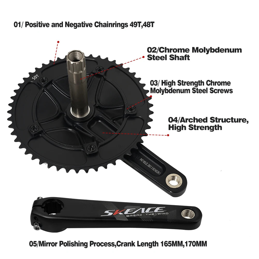 SKEACE Hollowtech Fixed Gear Bike Crankset – 49T/50T Carbon Chainwheel, 165mm Aluminum Alloy