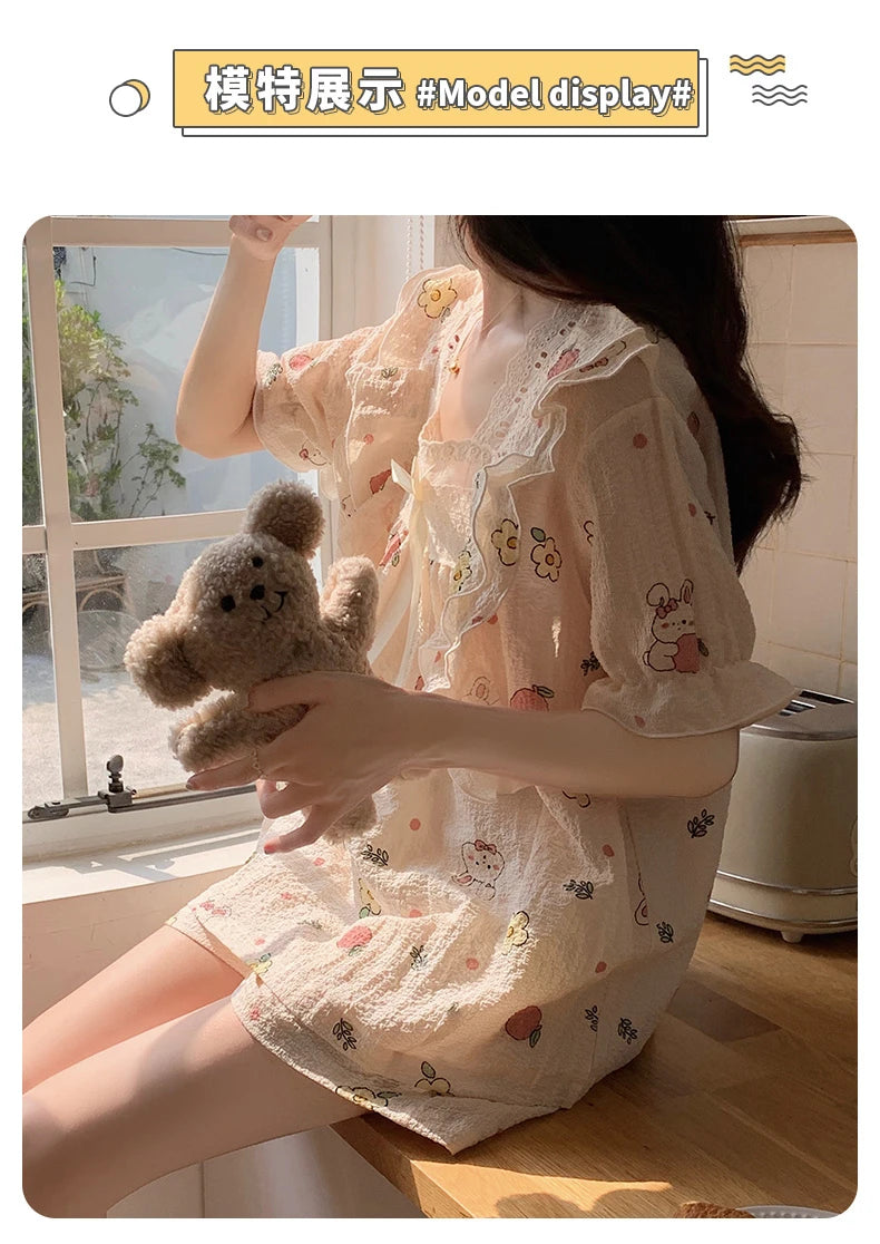 Women’s Kawaii Floral Print Short Sleeve Pajama Set – 2-Piece, Sizes M–XXL