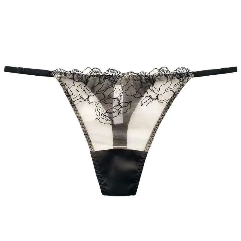BirdTree 93% Silk Lace Embroidery G-String Thong – Transparent, 6 Colors