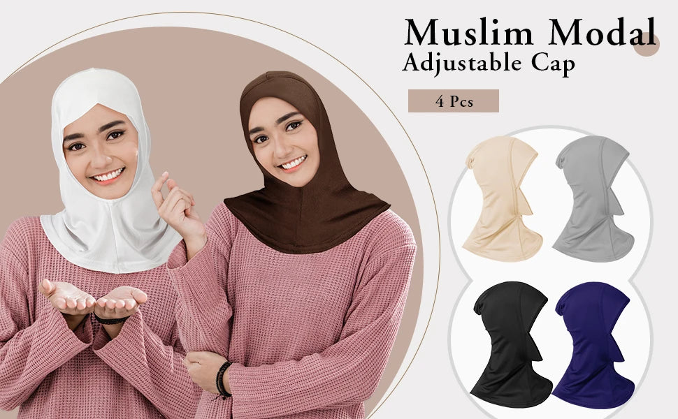 Modal Hijab Cap – Adjustable Muslim Stretchy Turban, Full Neck Coverage, 4-Pack