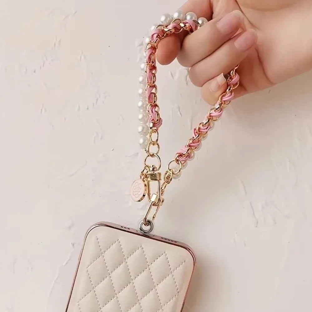 Leather Pearl Camellia Phone Charm Bracelet – Anti-Loss Wrist Strap, 26cm – White, Pink, Black