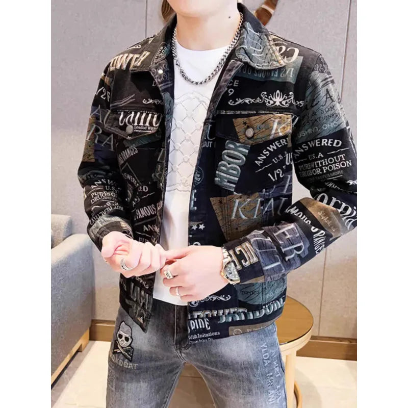 Men’s Slim-Fit Print Jacket – Trendy Outerwear, Sizes M–XXXL, Black