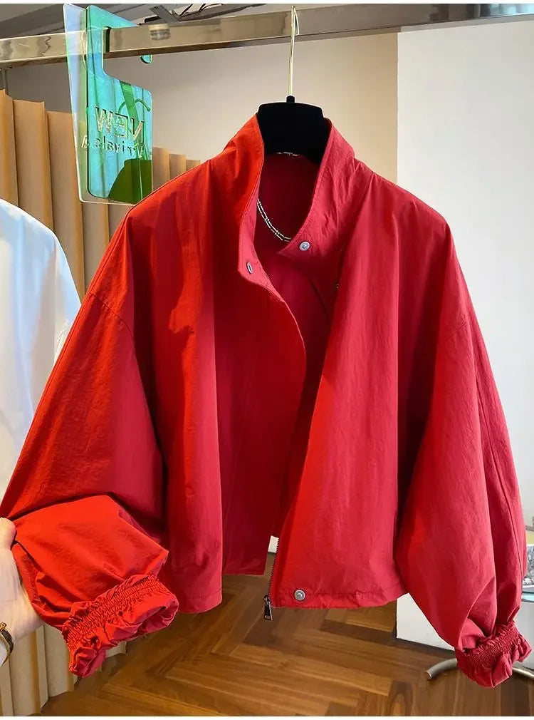 Women’s Red Stand Collar Zip-Up Jacket – Casual Loose Fit, Drawstring Cuffs, Autumn & Spring