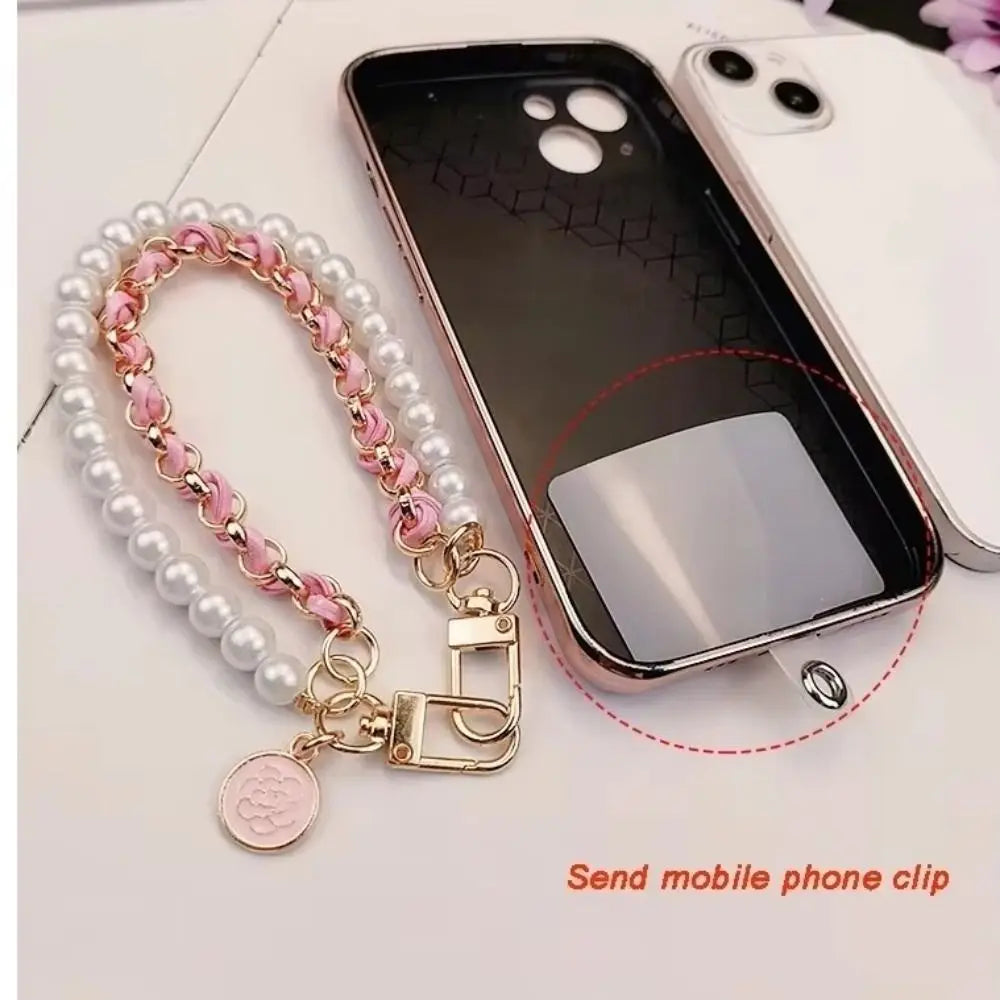 Leather Pearl Camellia Phone Charm Bracelet – Anti-Loss Wrist Strap, 26cm – White, Pink, Black