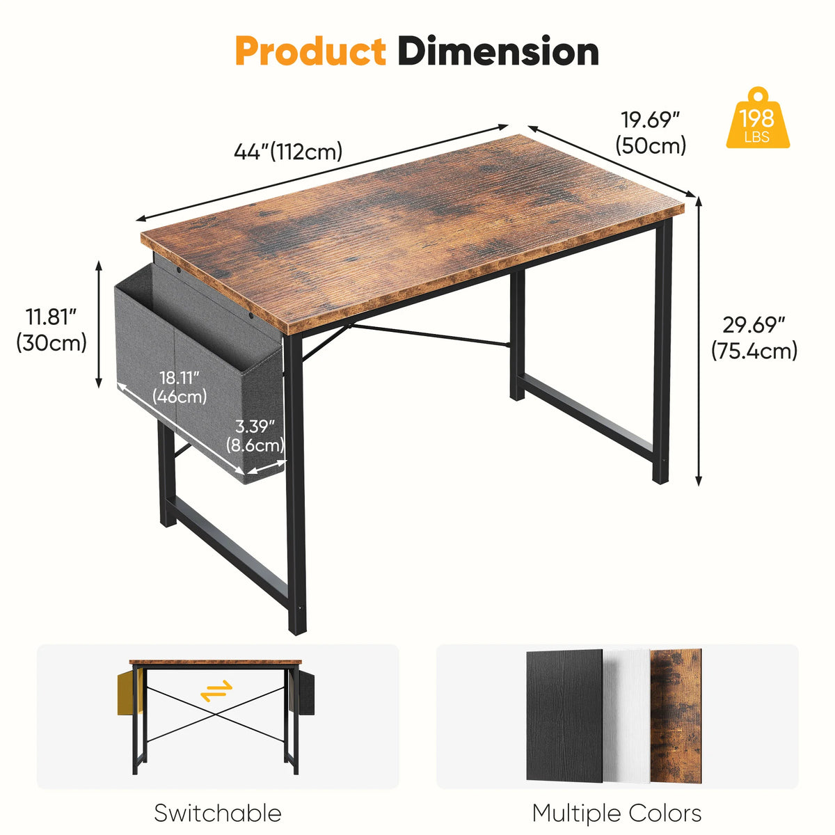 Computer Gaming Desk with Storage Bag – Metal Frame, Wood Tabletop, 31–55 Inch – Black, Rust, White