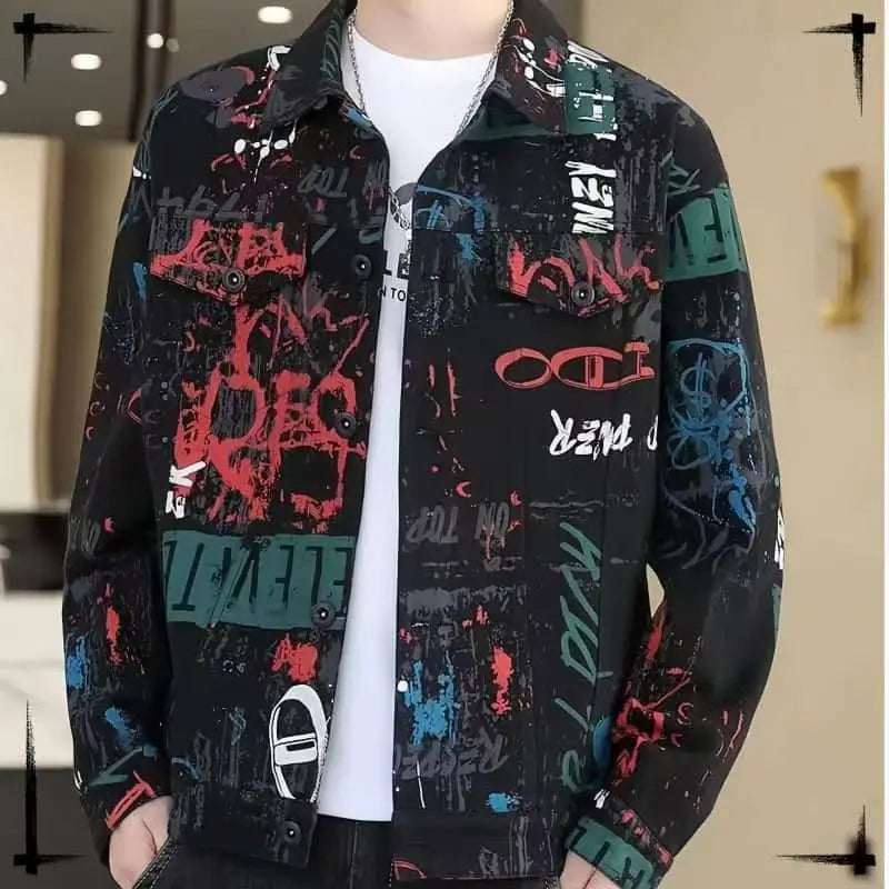 Men’s Vintage Print Denim Jacket – Loose Casual Long Sleeve Outerwear, Sizes M–XXXL