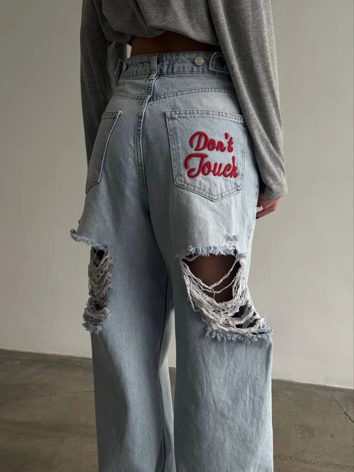 Women’s Retro Embroidered Ripped High-Waist Straight Jeans – Stretch Denim, Hip-Hop Style