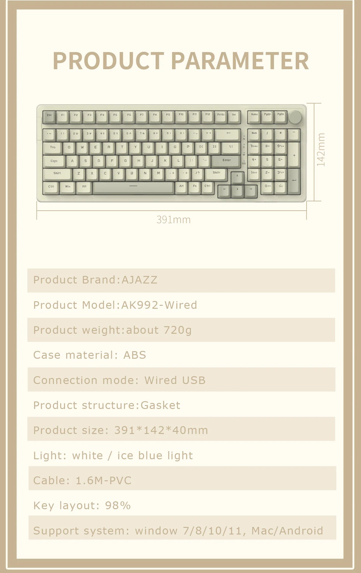 Ajazz AK992 98-Key Hot-Swap Wired Mechanical Gaming Keyboard – Multimedia Knob, USB