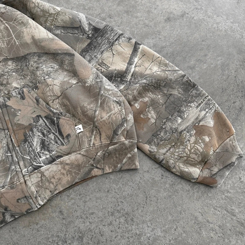 Y2K Retro Zip Up Hoodie Men Camouflage Pattern Zipper Sweatshirt High Street Hip Hop Streetwear Oversized Unisex Camo Hoodie