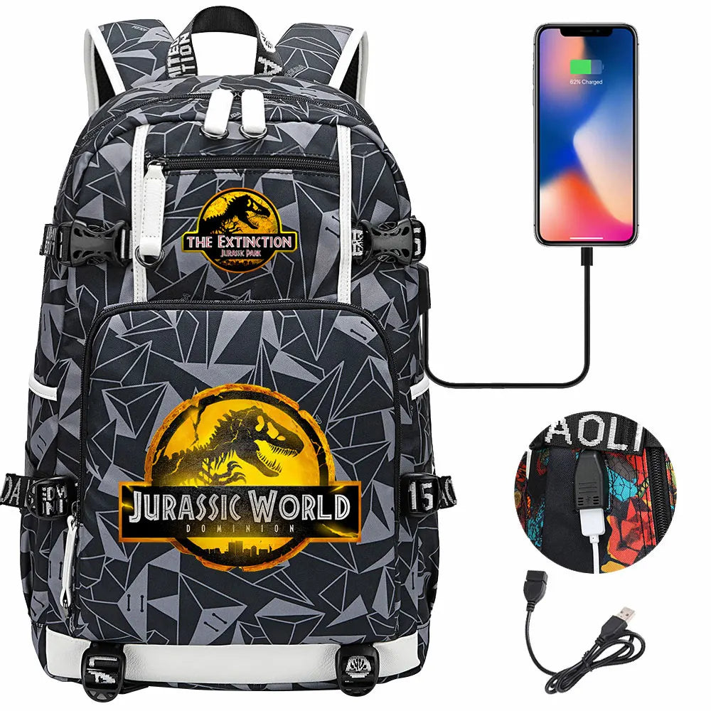 Jurassic World Dinosaur Backpack with USB Port – Large Capacity Laptop Bag for Men & Women