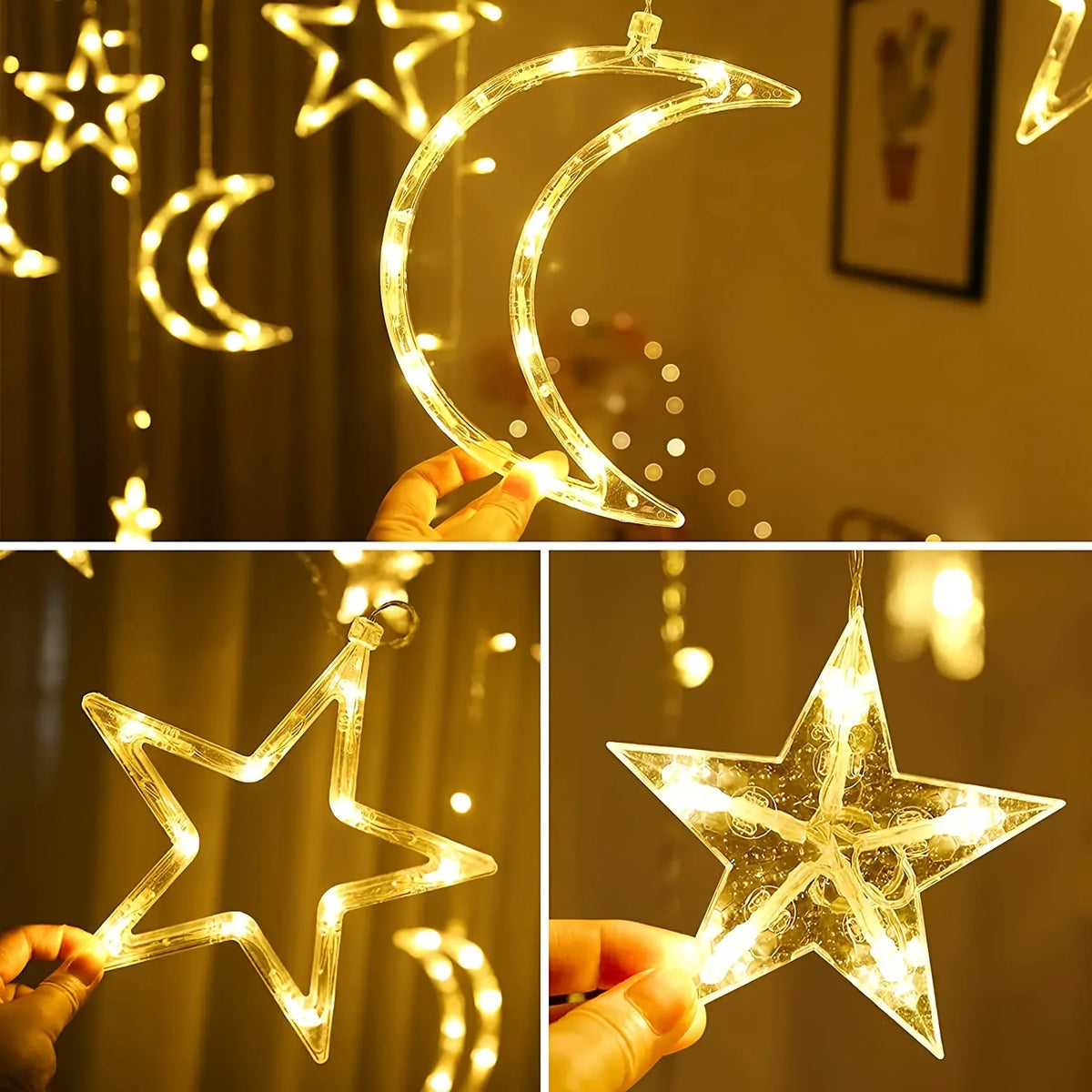 Star Moon Curtain String Lights – 3.5M, Battery Powered, Warm White & Multicolor, Room Decor