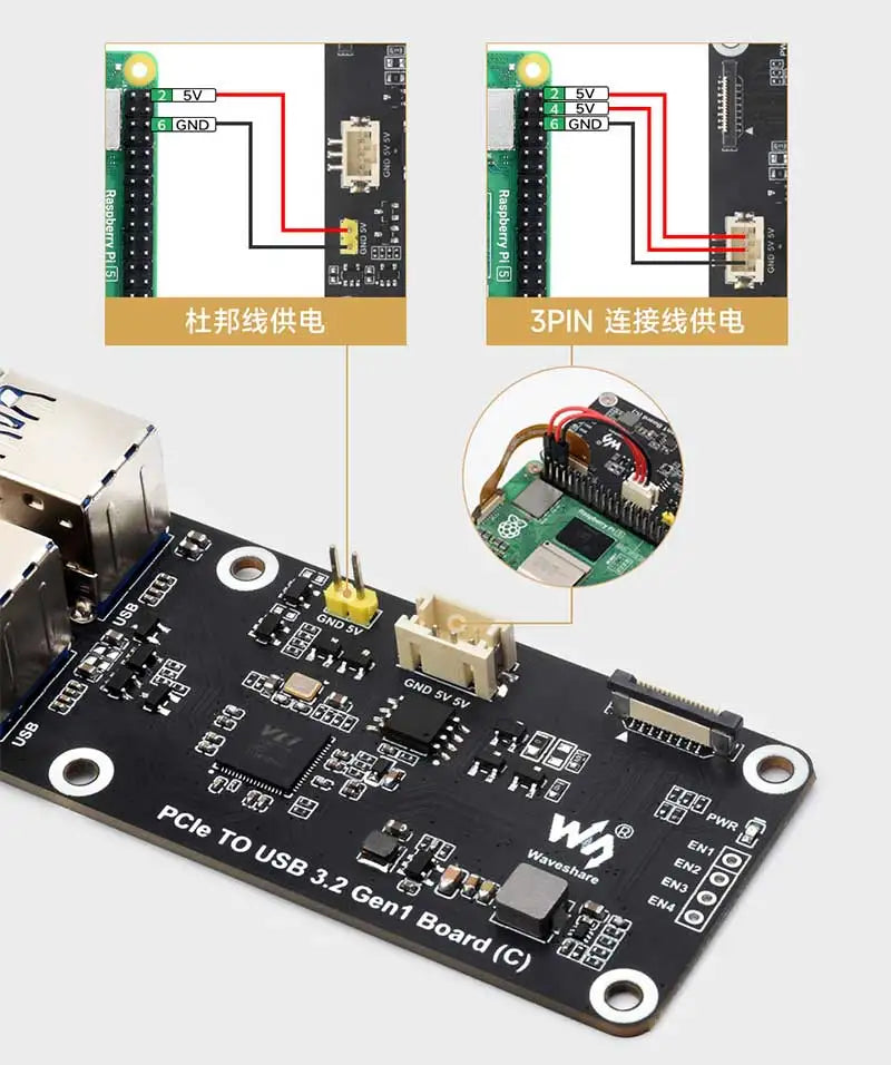 Raspberry Pi 5 PCIe to USB 3.2 Gen1 Hub – 5Gbps, Drive-Free