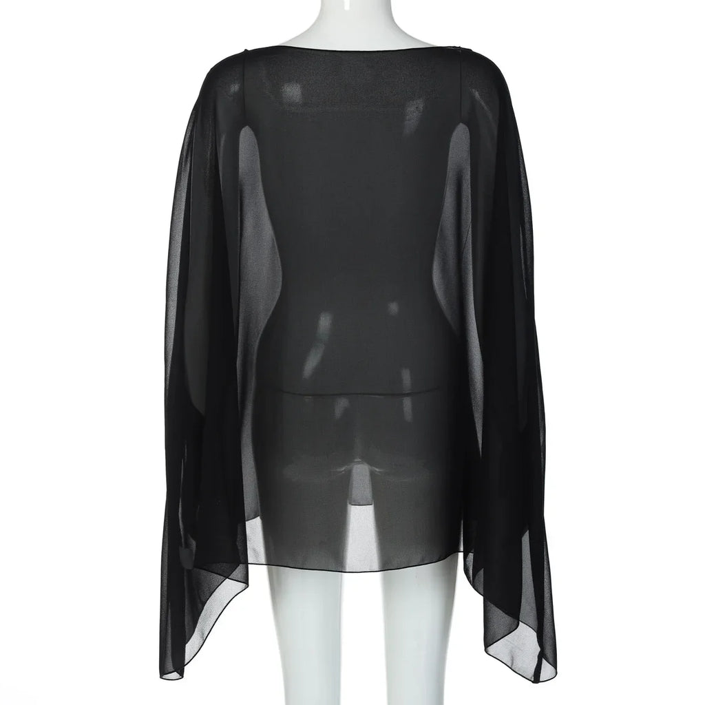 Women’s Sheer Chiffon Blouse Cover-Up Top – Sexy, Elegant, White & Black, Night Club