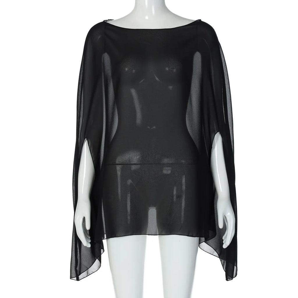 Women’s Sheer Chiffon Blouse Cover-Up Top – Sexy, Elegant, White & Black, Night Club