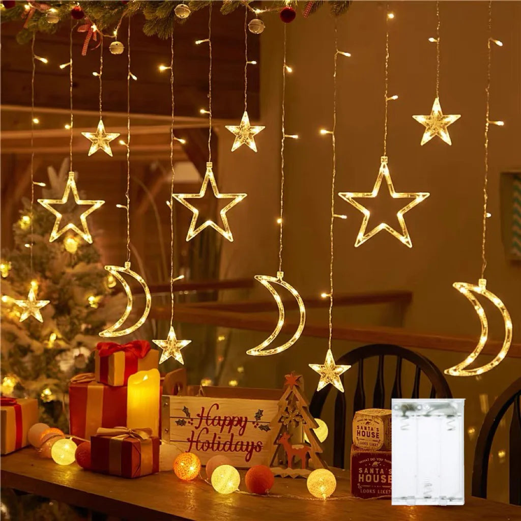 Star Moon Curtain String Lights – 3.5M, Battery Powered, Warm White & Multicolor, Room Decor