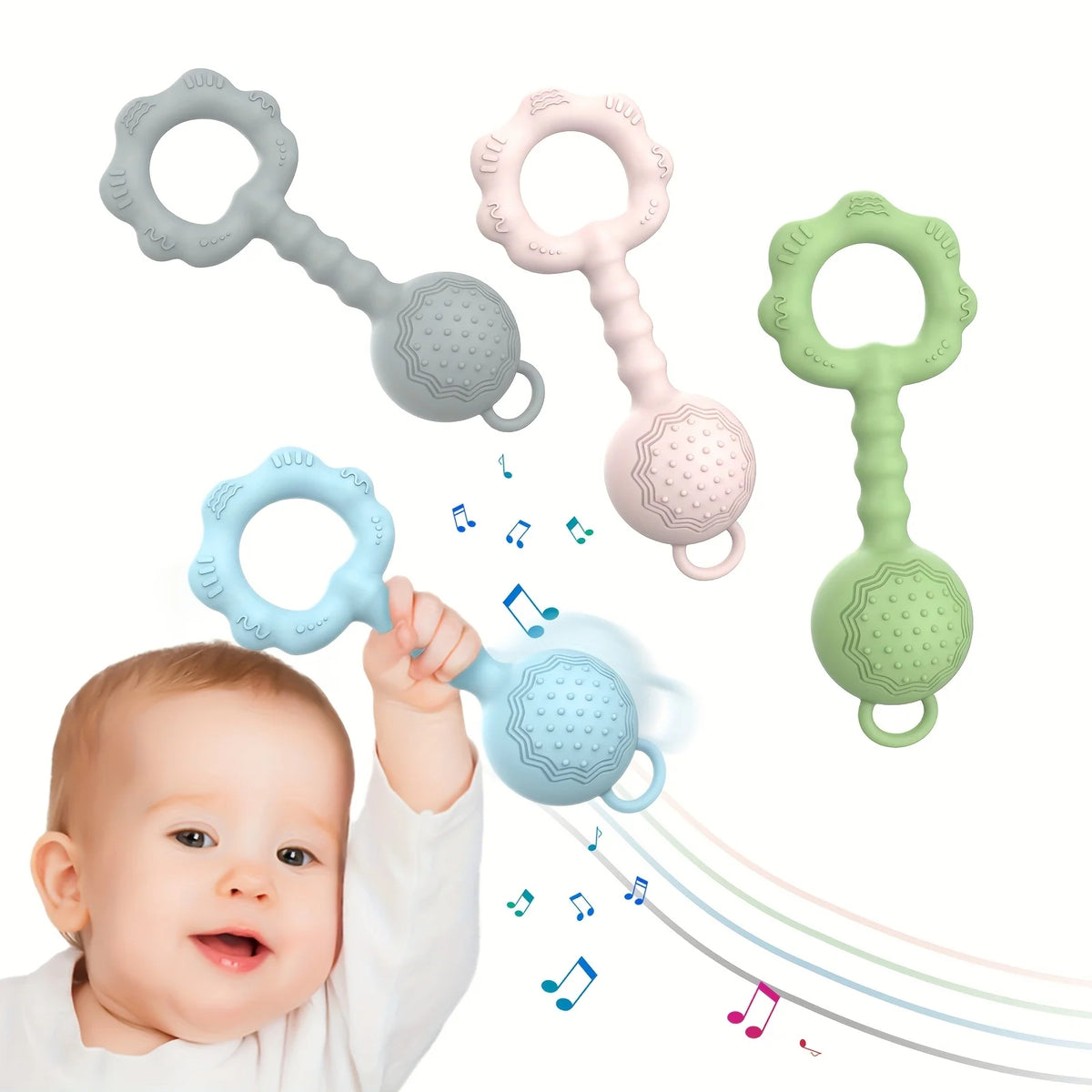 2-in-1 Silicone Baby Rattle & Teether Ring – Soft Soothing, Massage Dots, Newborn Toy