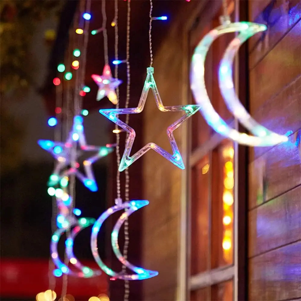 Star Moon Curtain String Lights – 3.5M, Battery Powered, Warm White & Multicolor, Room Decor