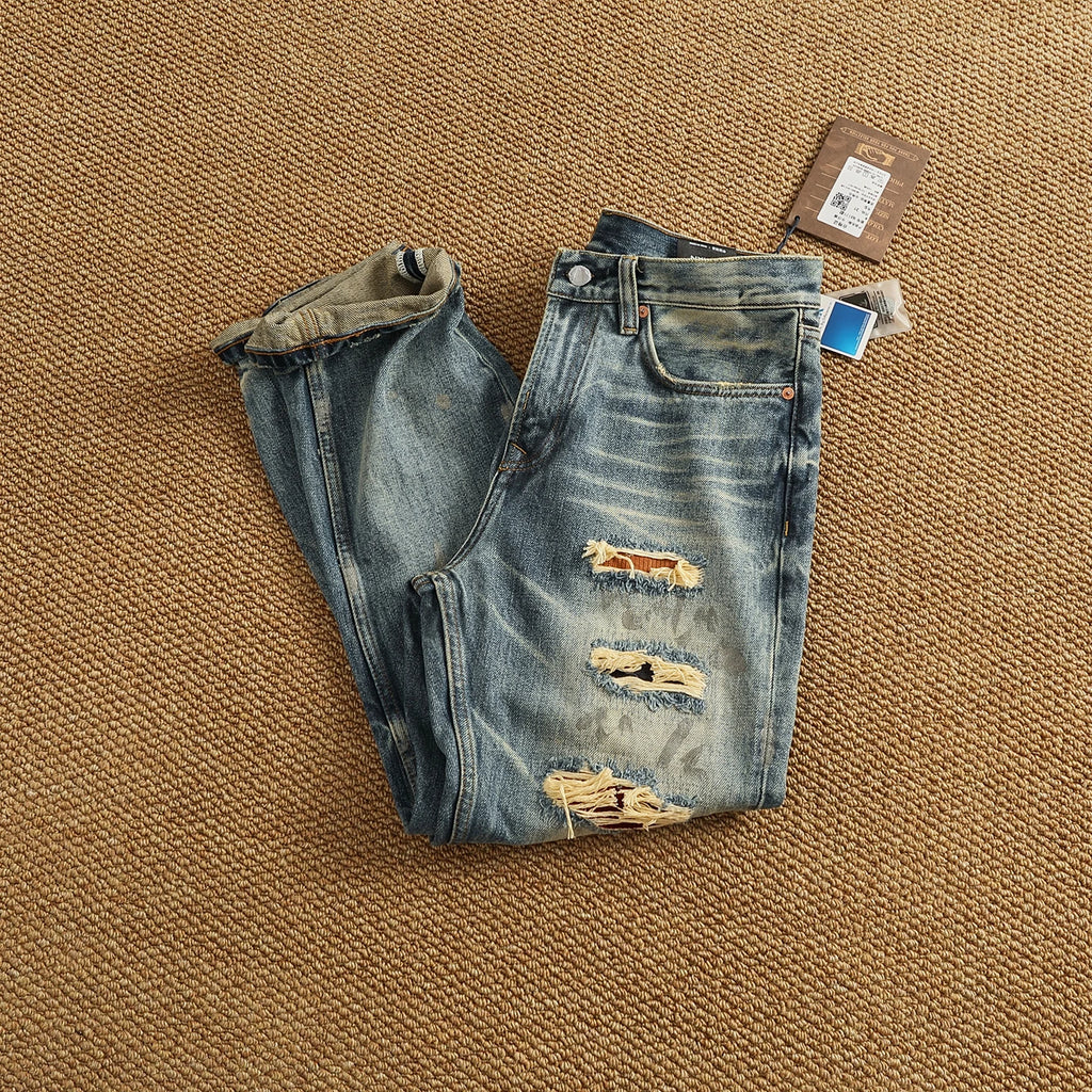 Men’s Retro Heavyweight Straight Tapered Jeans – 100% Cotton, Washed Denim, Sizes 29–38