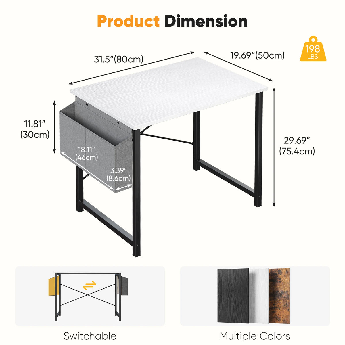 Computer Gaming Desk with Storage Bag – Metal Frame, Wood Tabletop, 31–55 Inch – Black, Rust, White