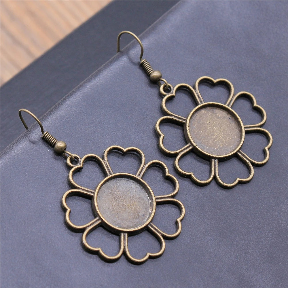 Vintage Bronze Flower Cameo Cabochon Dangle Earrings – 14mm Round, Women’s Party Gift