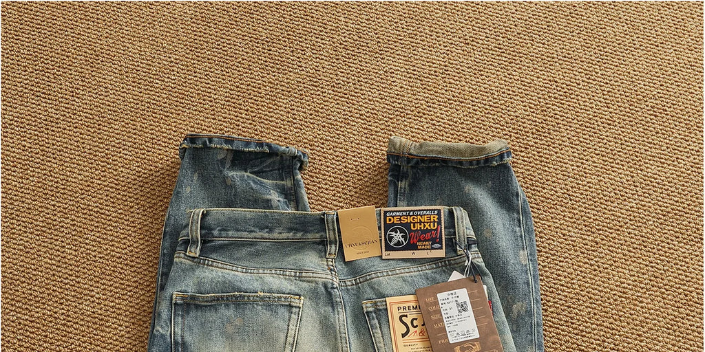 Men’s Retro Heavyweight Straight Tapered Jeans – 100% Cotton, Washed Denim, Sizes 29–38
