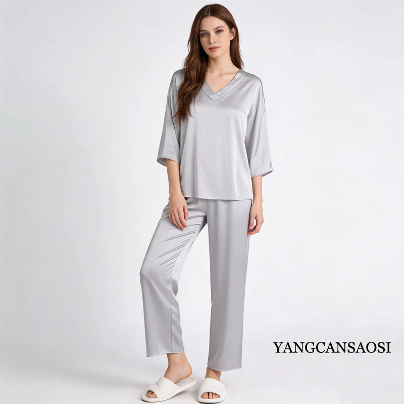100% Mulberry Silk Satin Pajama Set – V-Neck, Three-Quarter Sleeve, 7 Colors, Sizes L–1XL
