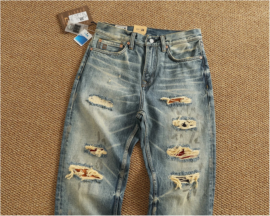 Men’s Retro Heavyweight Straight Tapered Jeans – 100% Cotton, Washed Denim, Sizes 29–38