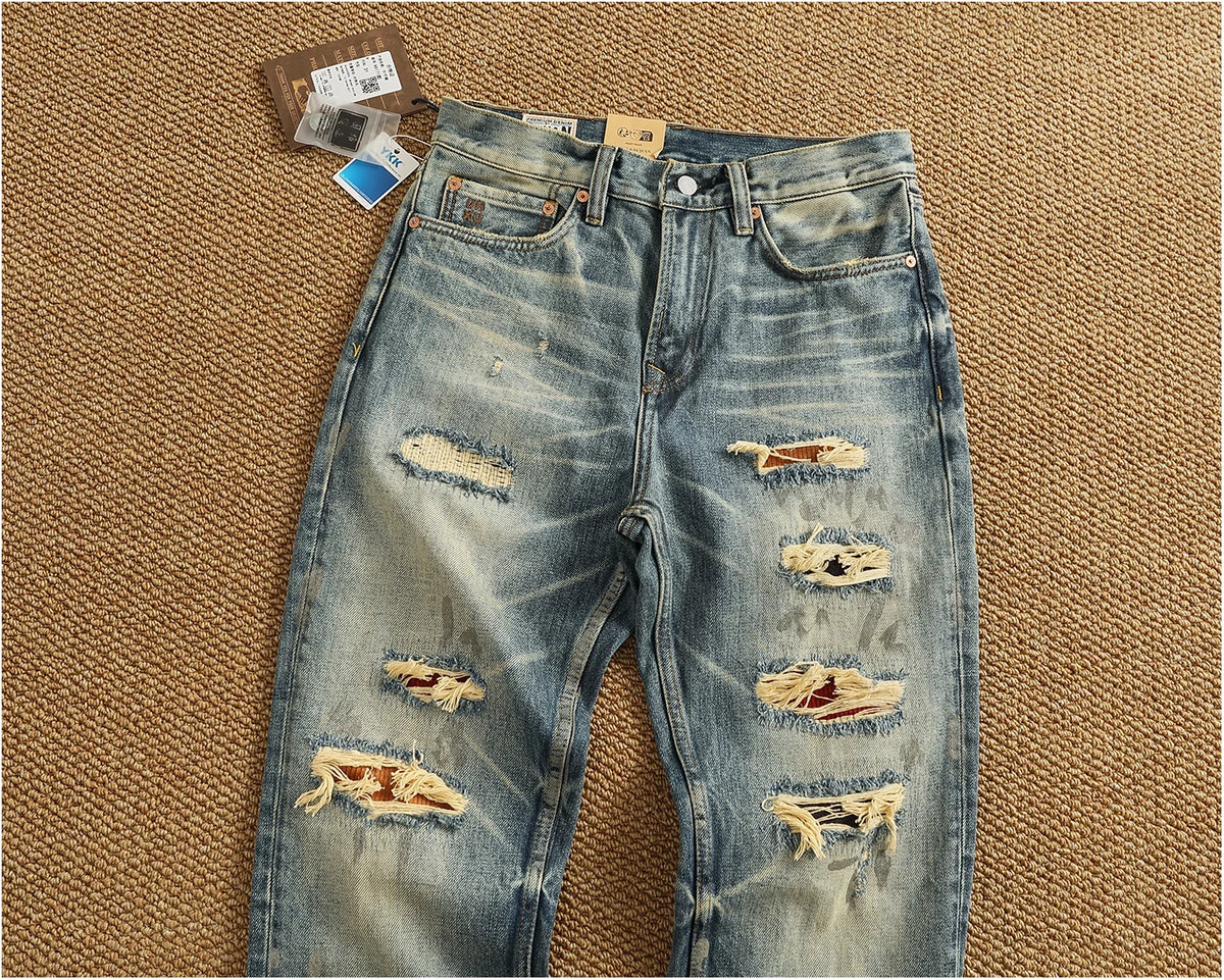 Men’s Retro Heavyweight Straight Tapered Jeans – 100% Cotton, Washed Denim, Sizes 29–38